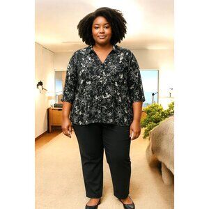 Lane Bryant Womens Black & White Floral Button-Down Blouse